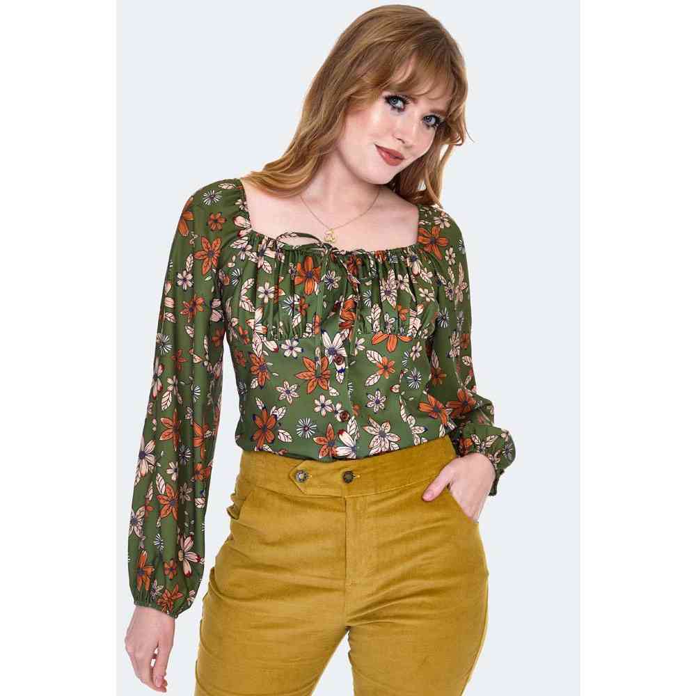 Voodoo Vixen - Floral Long Sleeve Tie Longsleeve top - Olijfgroen